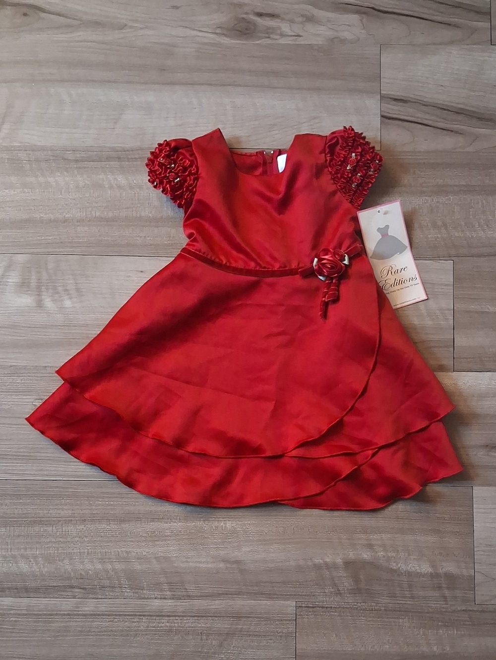 Rare Editions Vintage Red Satin Rosette Tiered Dress Size 24 Months (M)